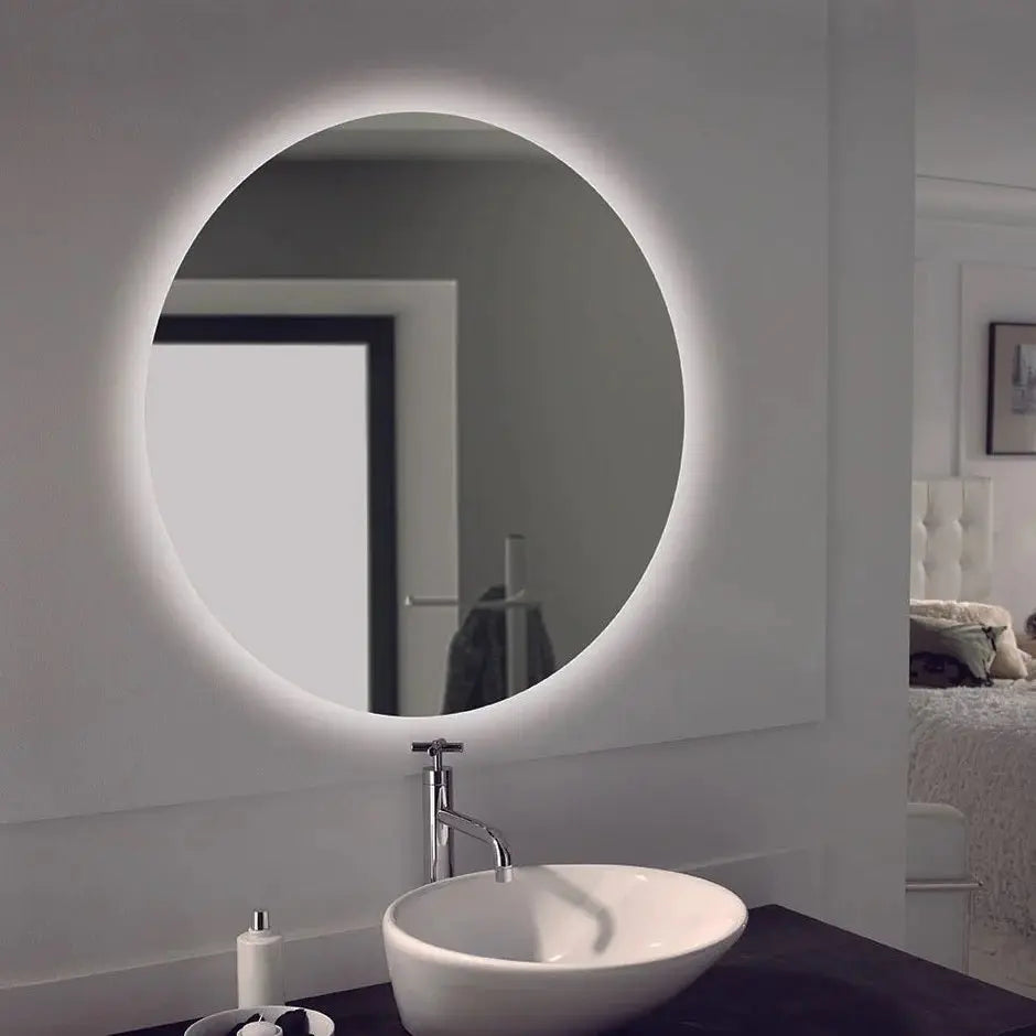 Aura Round frameless LED bathroom mirror. Backlit LED mirror. Touchless switch. Secret Bath