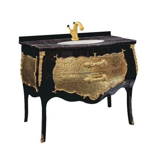 Palace black and gold bathroom vanity. Swarovski crystals inlaid. Vintage bathroom vanity. Classic style vanities. Taberner