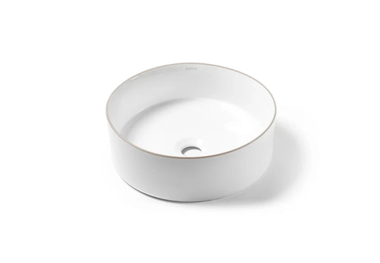Beige trim round bathroom sink