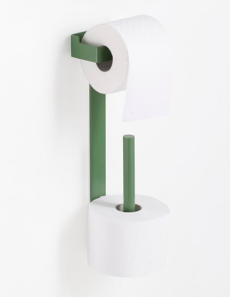 Slim green toilet paper holder with spare. Toilet roll holder. Green bath accessories