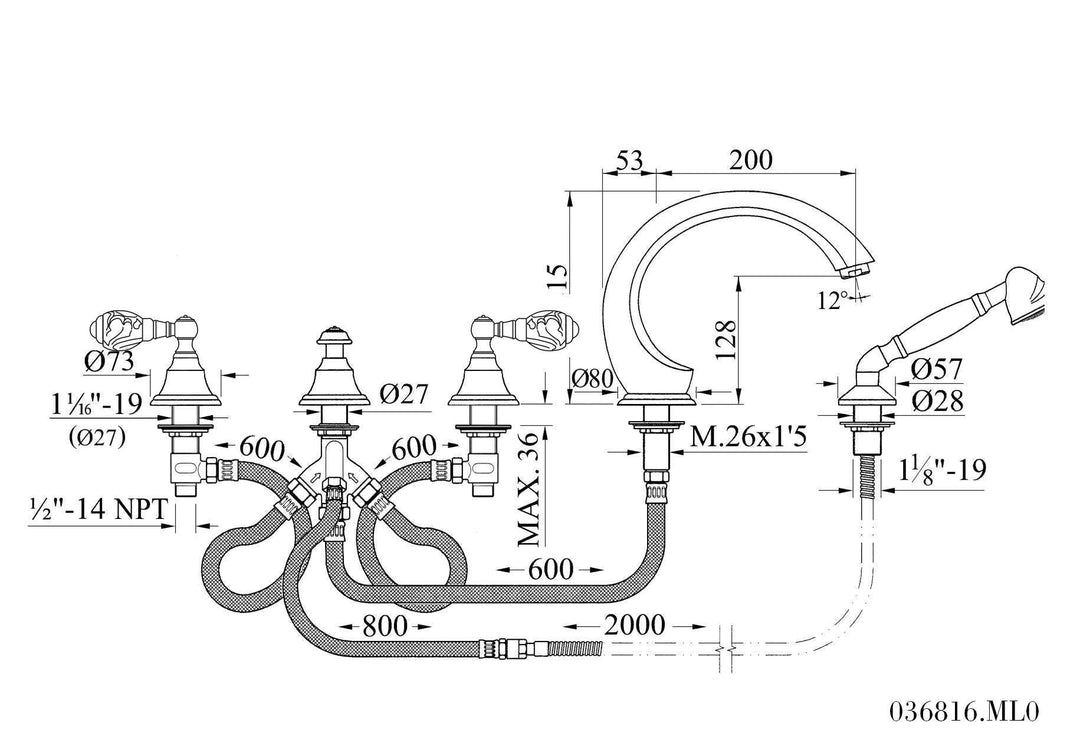 Atlantica precious deck bathtub faucet technical drawing