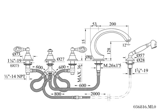 Atlantica precious deck bathtub faucet technical drawing