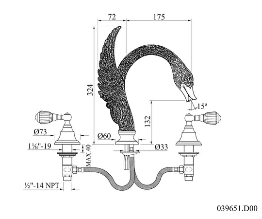 Antarctica Swan 3 holes bathroom sink faucet with Swarovski crystals. Widespread faucet. Luxury taps