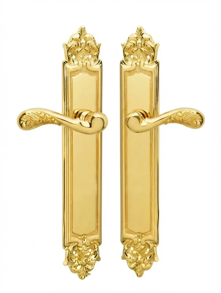 Gaia Brass Door Handle Set on plate.