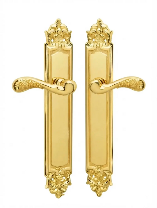 Gaia Brass Door Handle Set on plate.