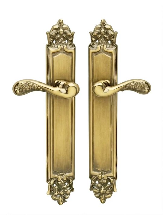 Gaia Brass Door Handle Set on plate.