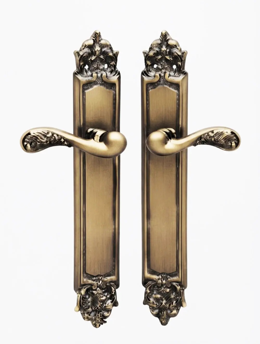 Gaia Brass Door Handle Set on plate.