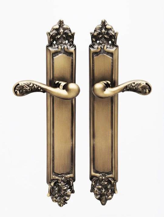 Gaia Brass Door Handle Set on plate.