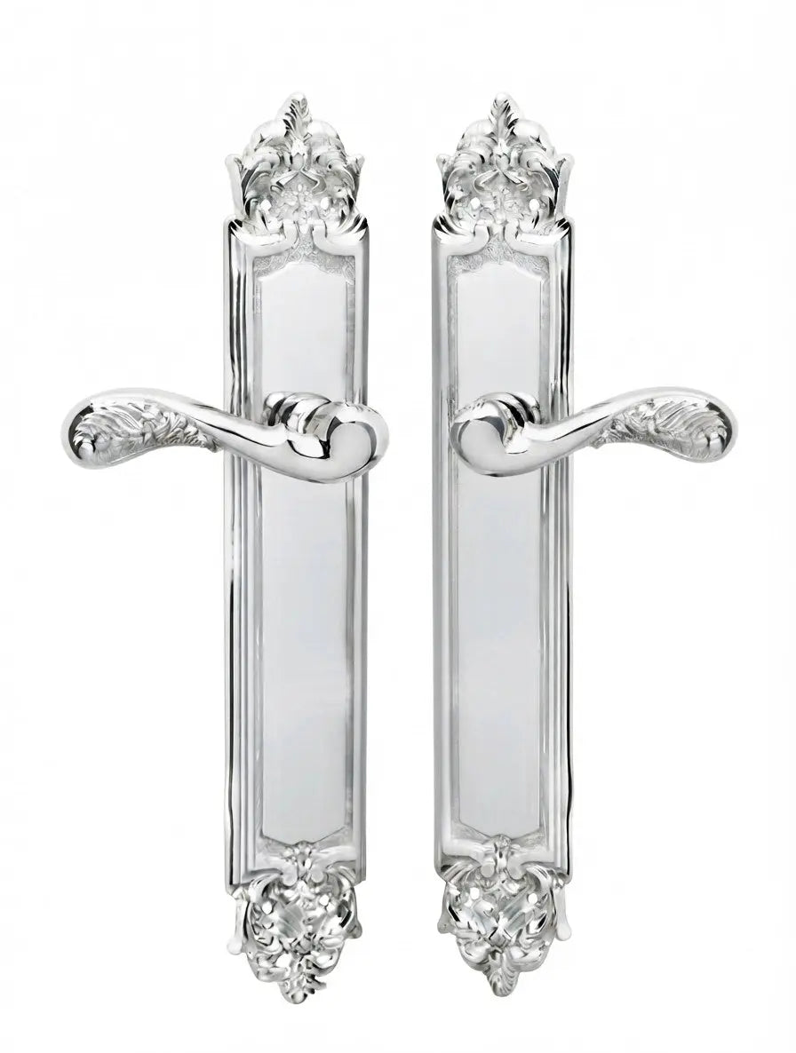 Gaia Brass Door Handle Set on plate.
