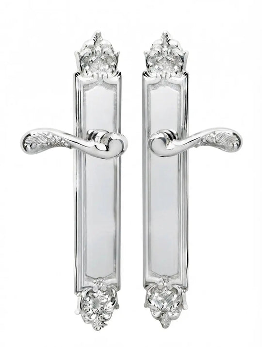 Gaia Brass Door Handle Set on plate.