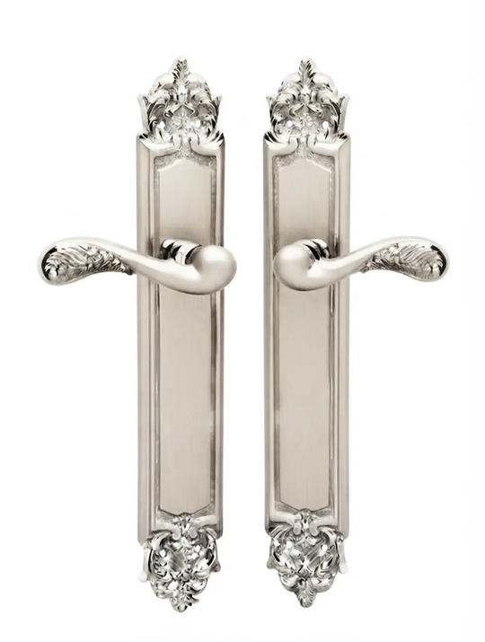 Gaia Brass Door Handle Set on plate.