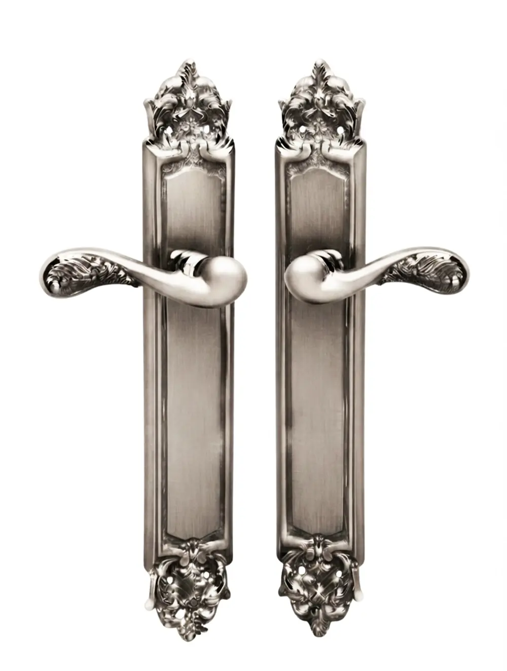 Gaia Brass Door Handle Set on plate.
