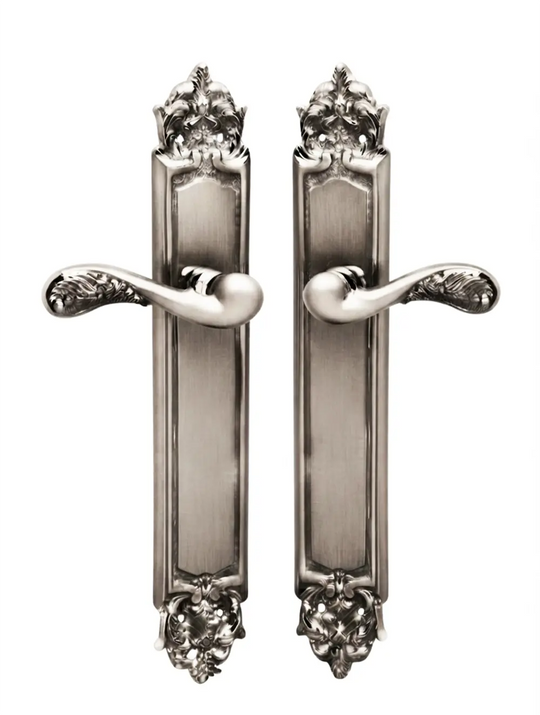 Gaia Brass Door Handle Set on plate.
