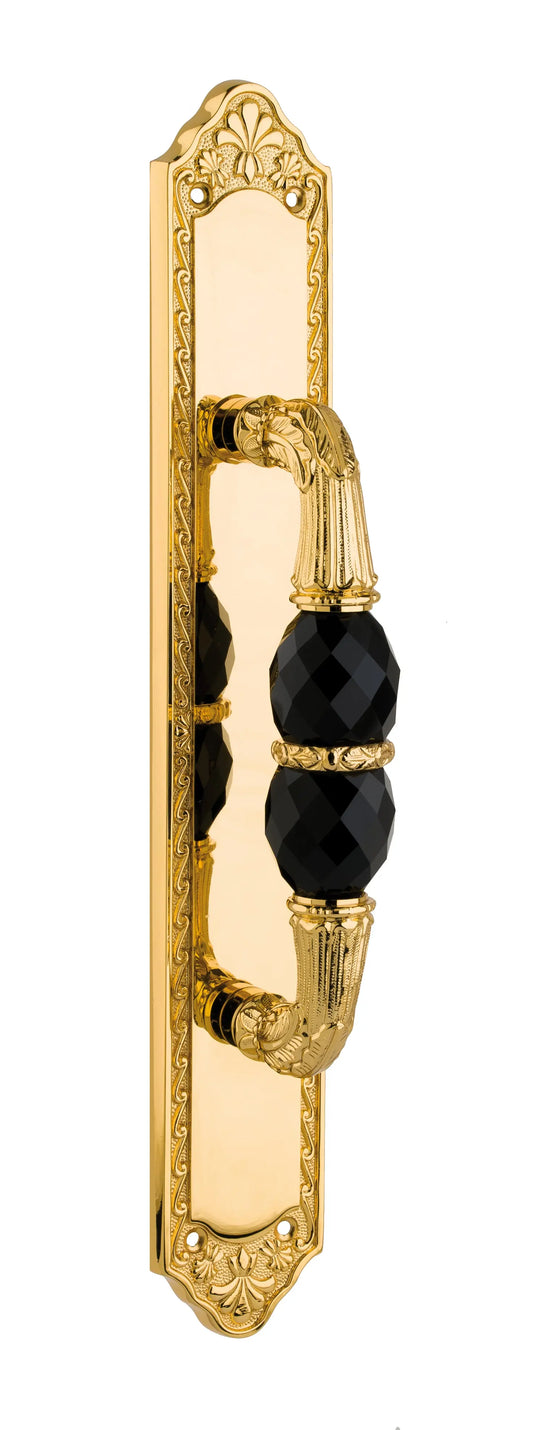 Yvoire Polished gold Door Pull handle on plate with Black Swarovski crystals. Classica collection. High-end door hardware Secret Bath Plus