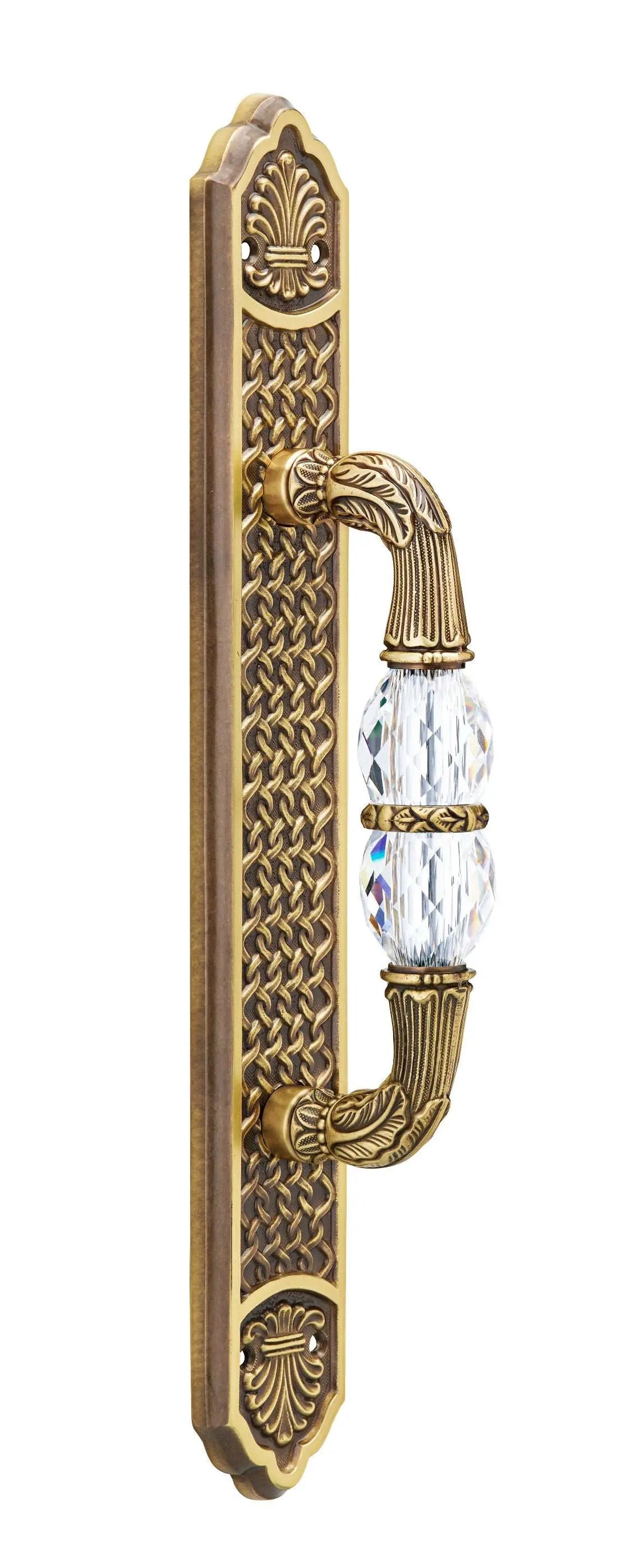 Luxury door pull handle on plate with Swarovski crystals. Traditional pull handles.