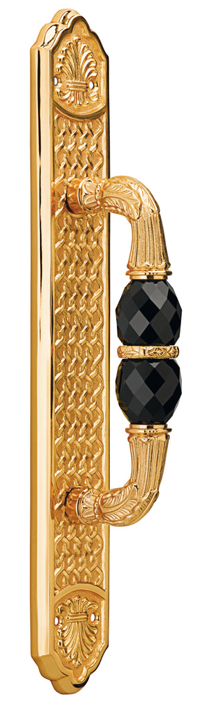 Margaret Door Pull handle on plate 16" with Black Swarovski crystals. Classica collection. Brass door pulls. Luxury pull handles.