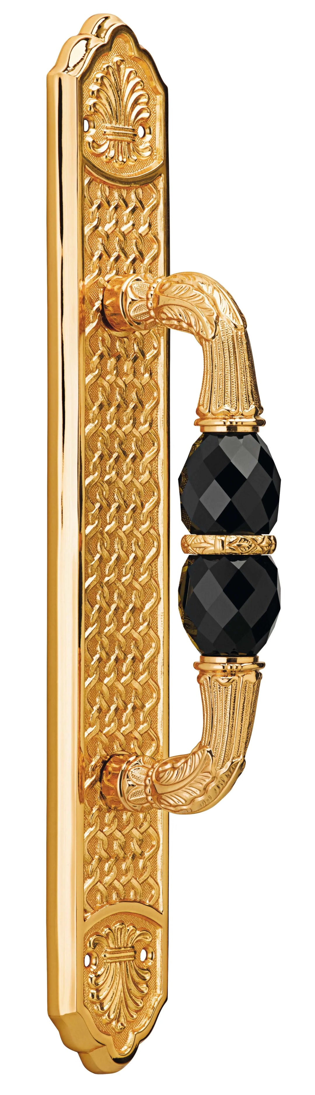 Traditional Luxury Door Handle on plate with black Swarovski crystal. Polished gold.