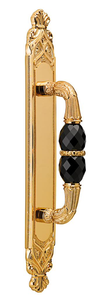 Amber Door Pull handle on plate 16" with Black Swarovski crystals . Classica collection. Brass door pulls. Luxury pull handles.