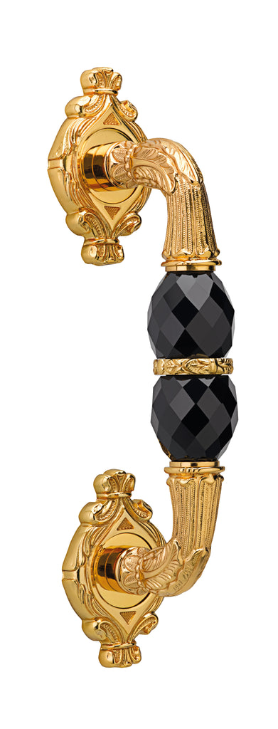 Empire Door pull handle on rosettes 11" with Black Swarovski crystals. Classica collection. Brass door pulls. Luxury pull handles.