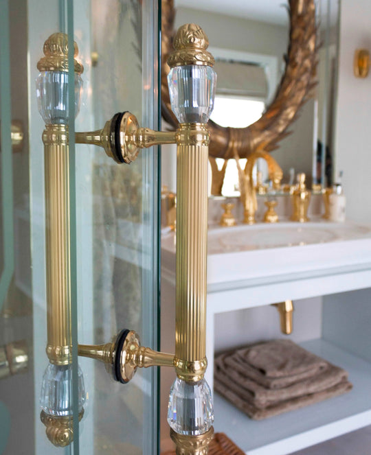 Seine Door pull handle on rosettes 17.3" with Swarovski crystals. Classica collection. Brass door pulls. Luxury pull handles.