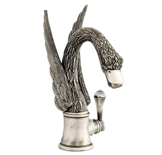 Swan antique silver single hole bathroom sink faucet with Swarovski crystal, luxury taps