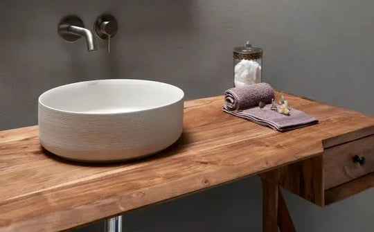 Carnac Crude porcelain round vessel sink. Modern bathroom bowl sink. Bathco