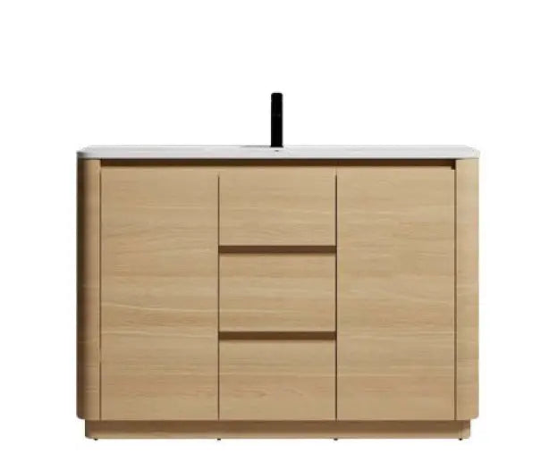Hana free standing bathroom vanity. Natural Oak. Curve bathroom cabinets Secret Bath