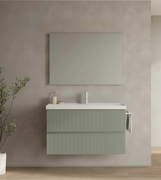 Wall mounted bathroom cabinet in matte green finish