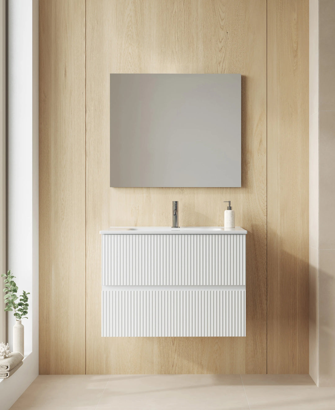Wall mounted bathroom cabinet in matte white finish