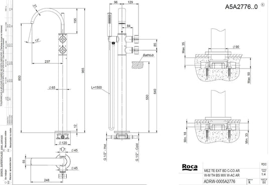 ARMANI/ Roca Baia Floorstanding thermostatic bath-shower mixer. Bathtub filler