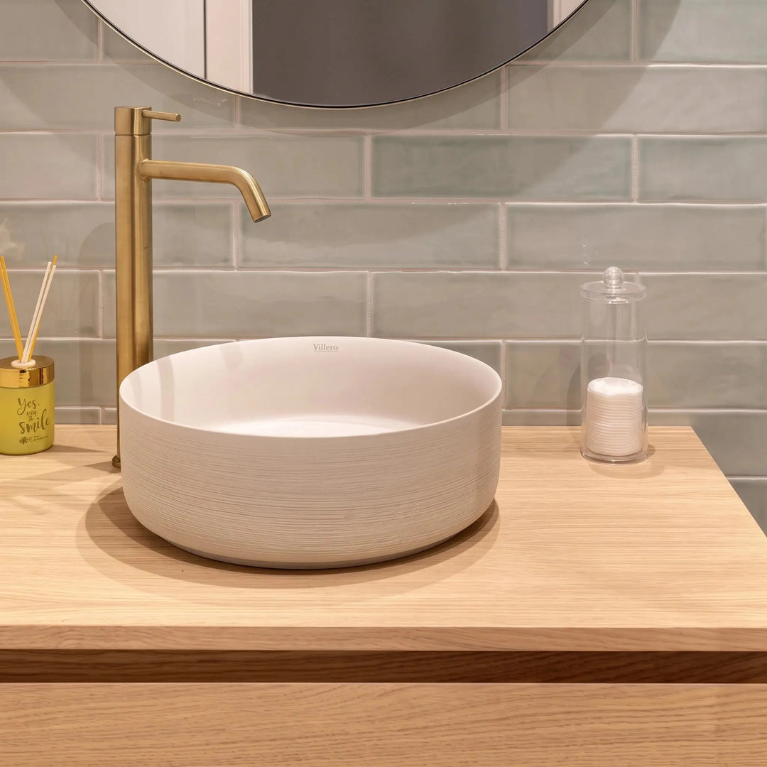 Carnac Crude porcelain round vessel sink. Modern bathroom bowl sink.