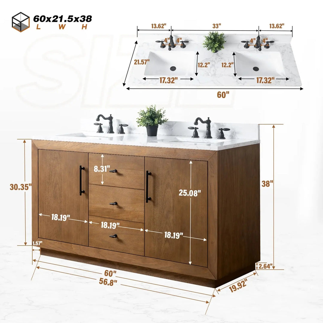 Elliott 60" free standing double sink bathroom vanity. Secret Bath