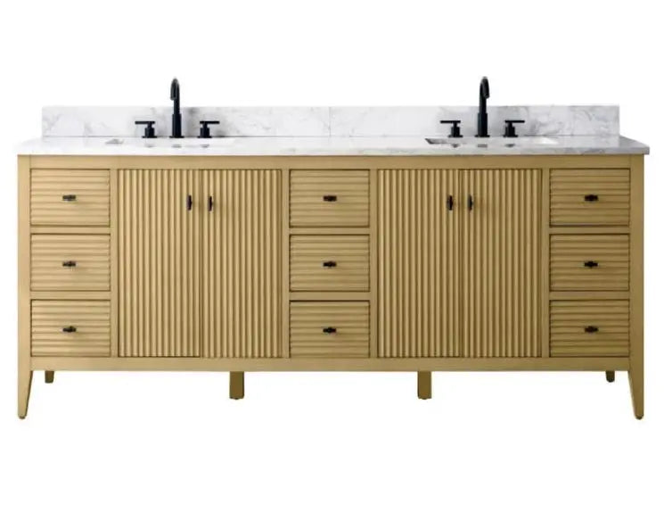 Gale free standing 84" double bathroom vanity. Fluted cabinet door. Secret Bath