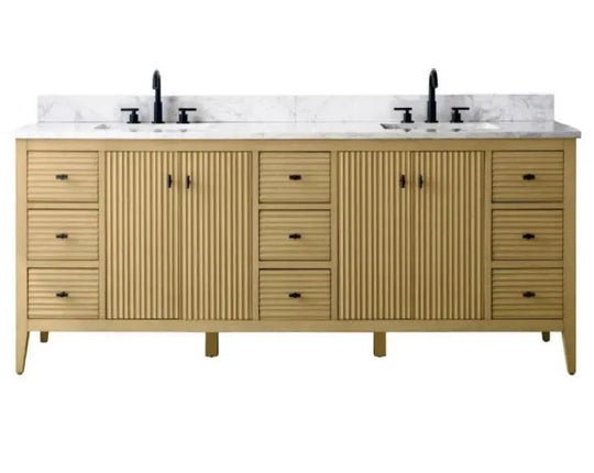 Gale free standing 84" double bathroom vanity. Fluted cabinet door. Secret Bath