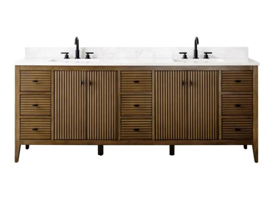 Gale free standing 84" double bathroom vanity. Fluted cabinet door. Secret Bath