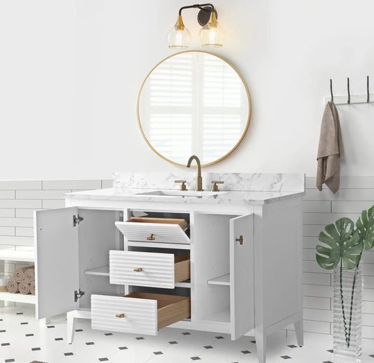 Gale free standing 48" bathroom vanity. Fluted cabinet door. Secret Bath
