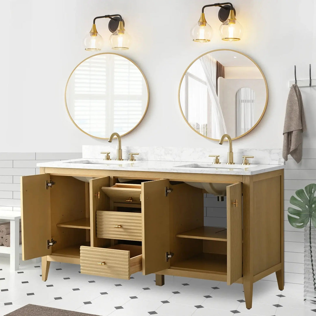 Gale free standing 60" double bathroom vanity. Fluted cabinet door. Secret Bath