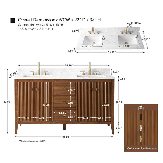 Gale free standing 60" double bathroom vanity. Fluted cabinet door. Secret Bath