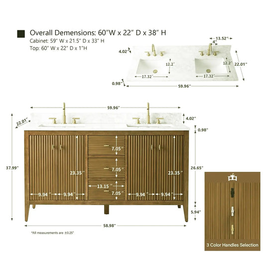 Gale free standing 60" double bathroom vanity. Fluted cabinet door.
