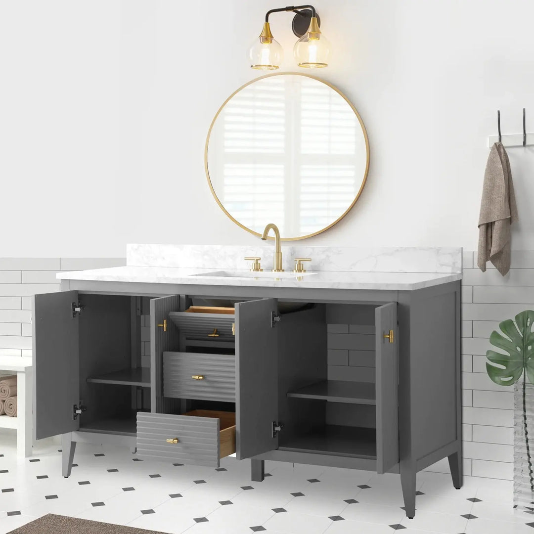 Gale free standing 60" single bathroom vanity. Fluted cabinet door. Secret Bath