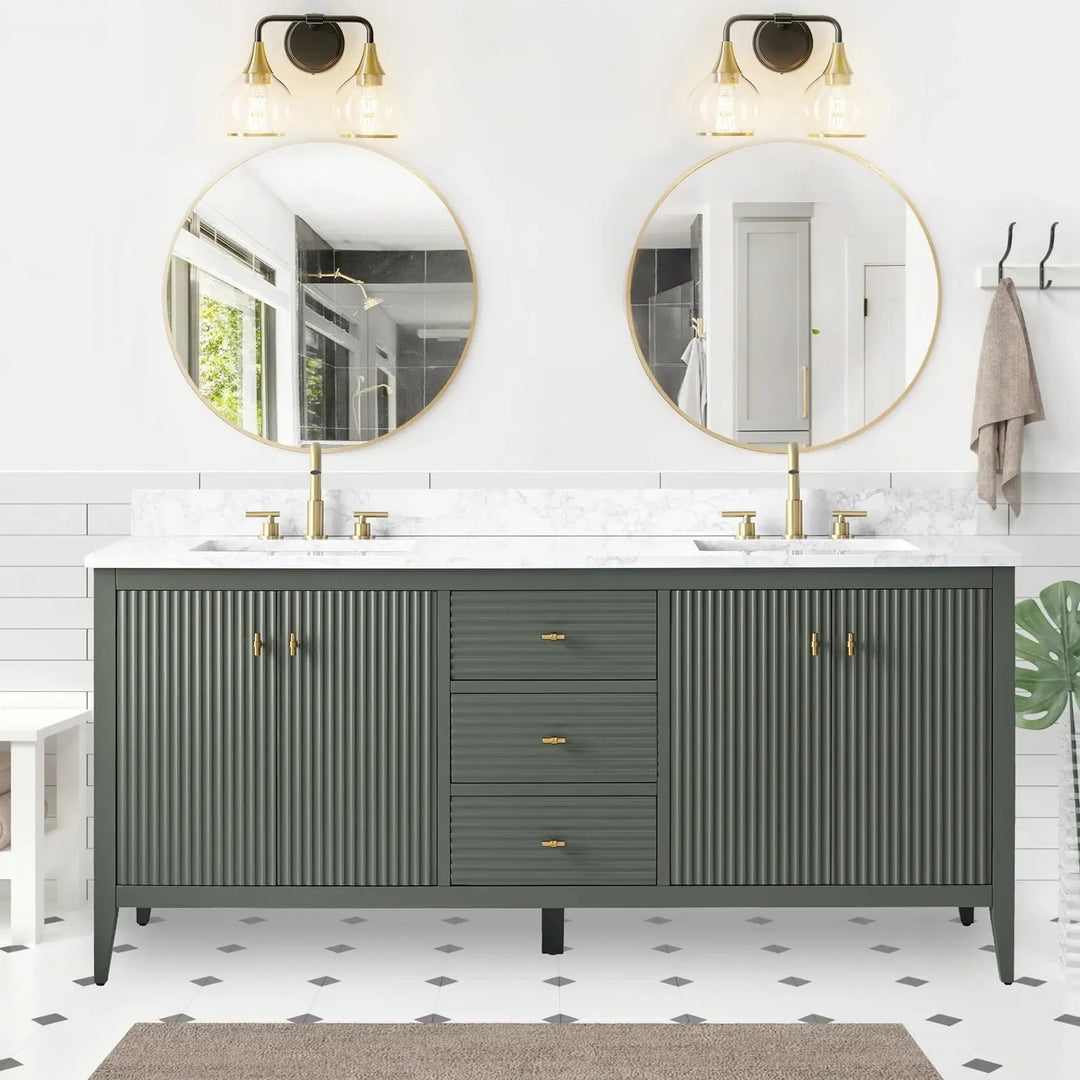 Gale free standing 72" double bathroom vanity. Fluted cabinet door. Secret Bath