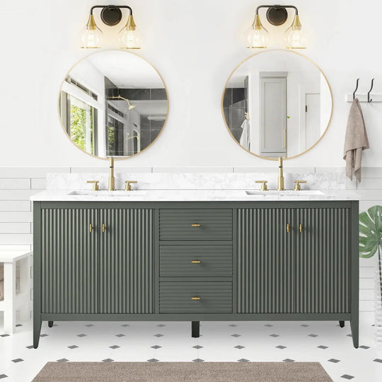 Gale free standing 72" double bathroom vanity. Fluted cabinet door. Secret Bath