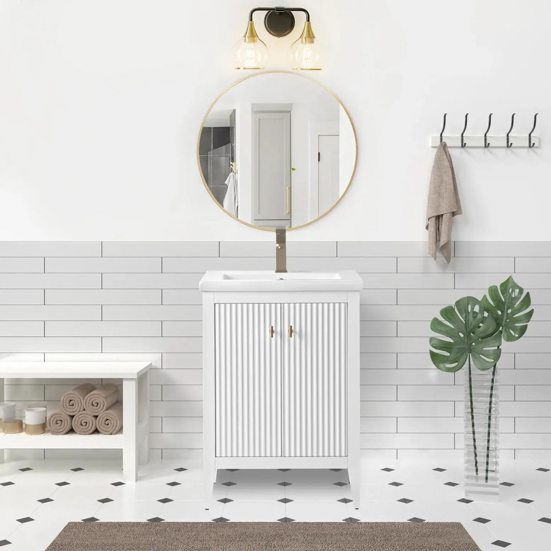 Gale free standing 24" small bathroom vanity. Fluted cabinet door Secret Bath