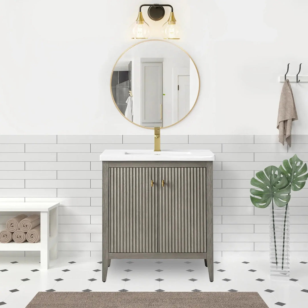 Gale free standing 30" bathroom vanity. Fluted cabinet door. Secret Bath