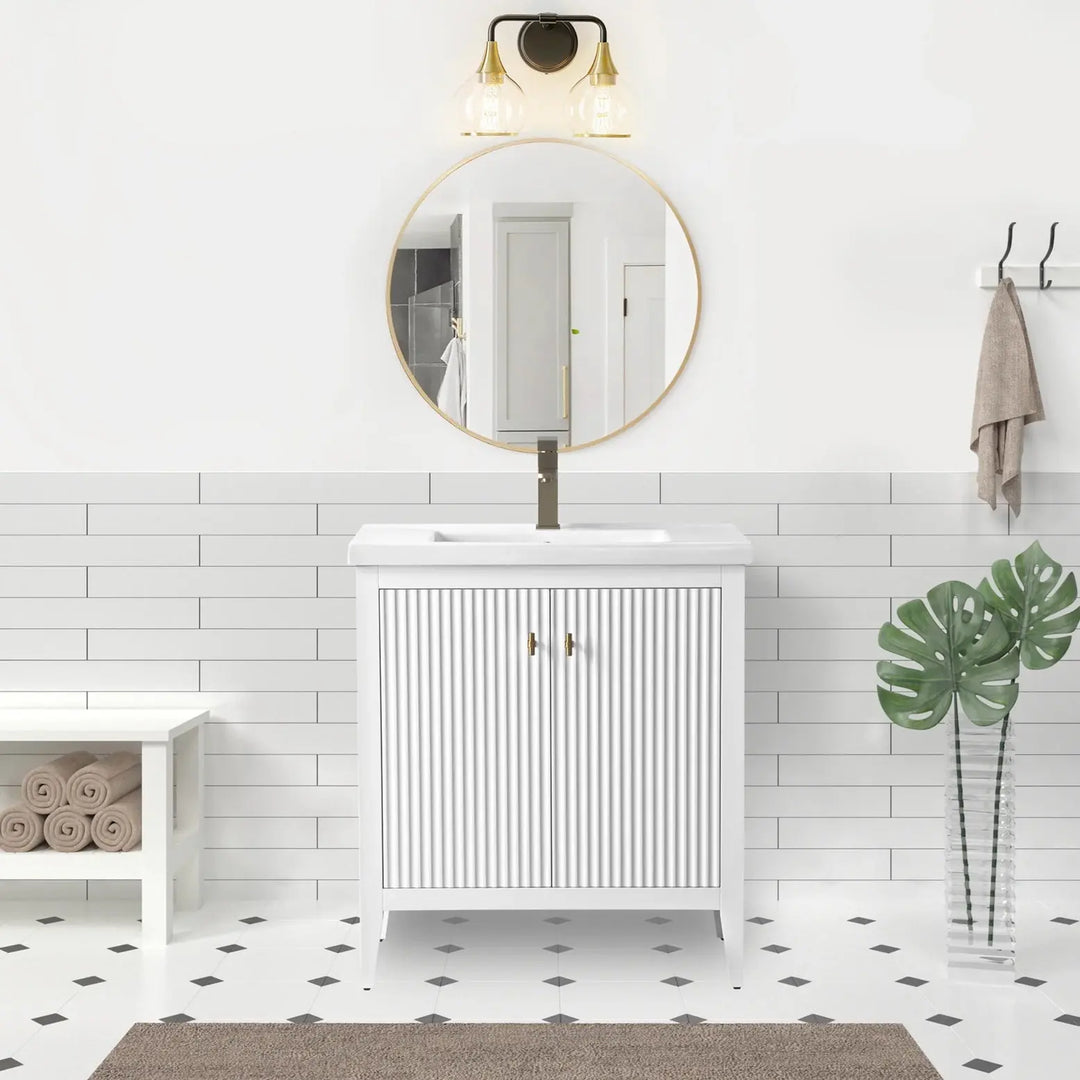 Gale free standing 30" bathroom vanity. Fluted cabinet door. Secret Bath