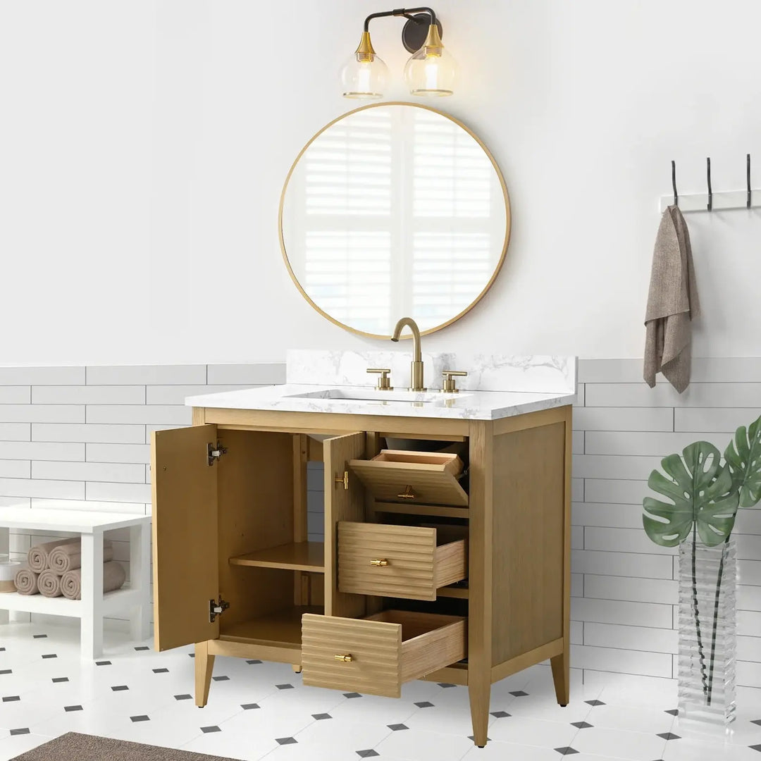 Gale free standing 36" bathroom vanity. Fluted cabinet door. Secret Bath