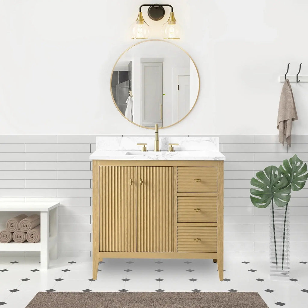 Gale free standing 36" bathroom vanity. Fluted cabinet door. Secret Bath