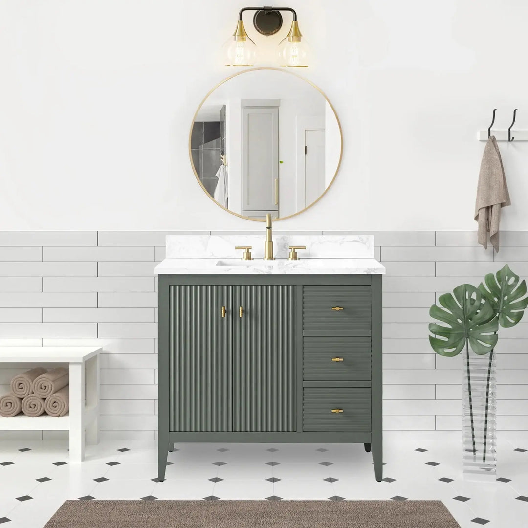 Gale free standing 36" bathroom vanity. Fluted cabinet door. Secret Bath