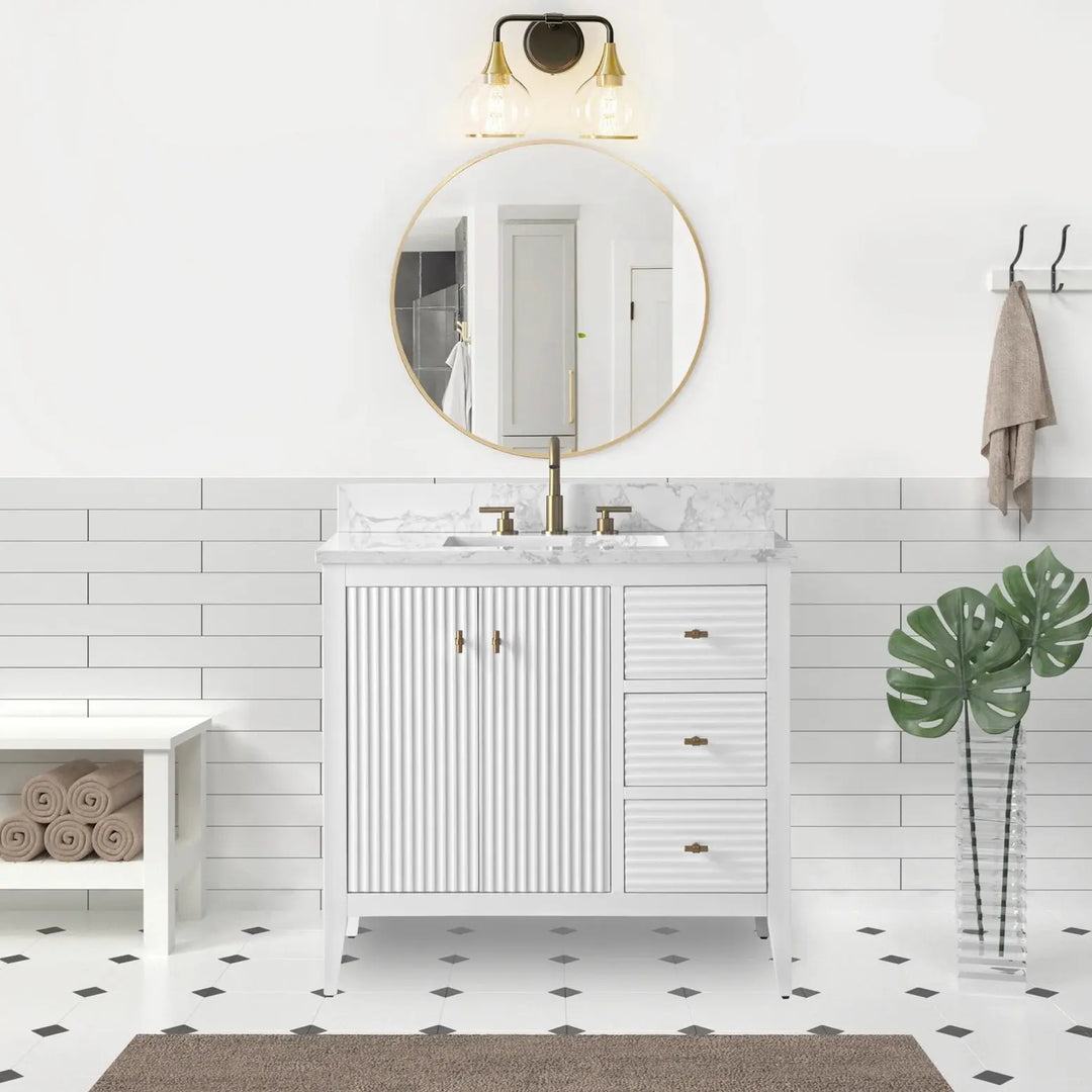 Gale free standing 36" bathroom vanity. Fluted cabinet door. Secret Bath