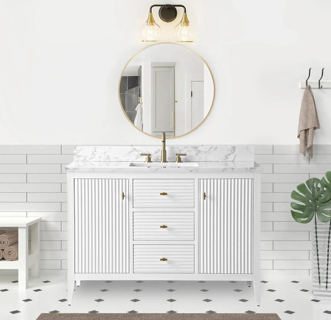 Gale free standing 48" bathroom vanity. Fluted cabinet door. Secret Bath